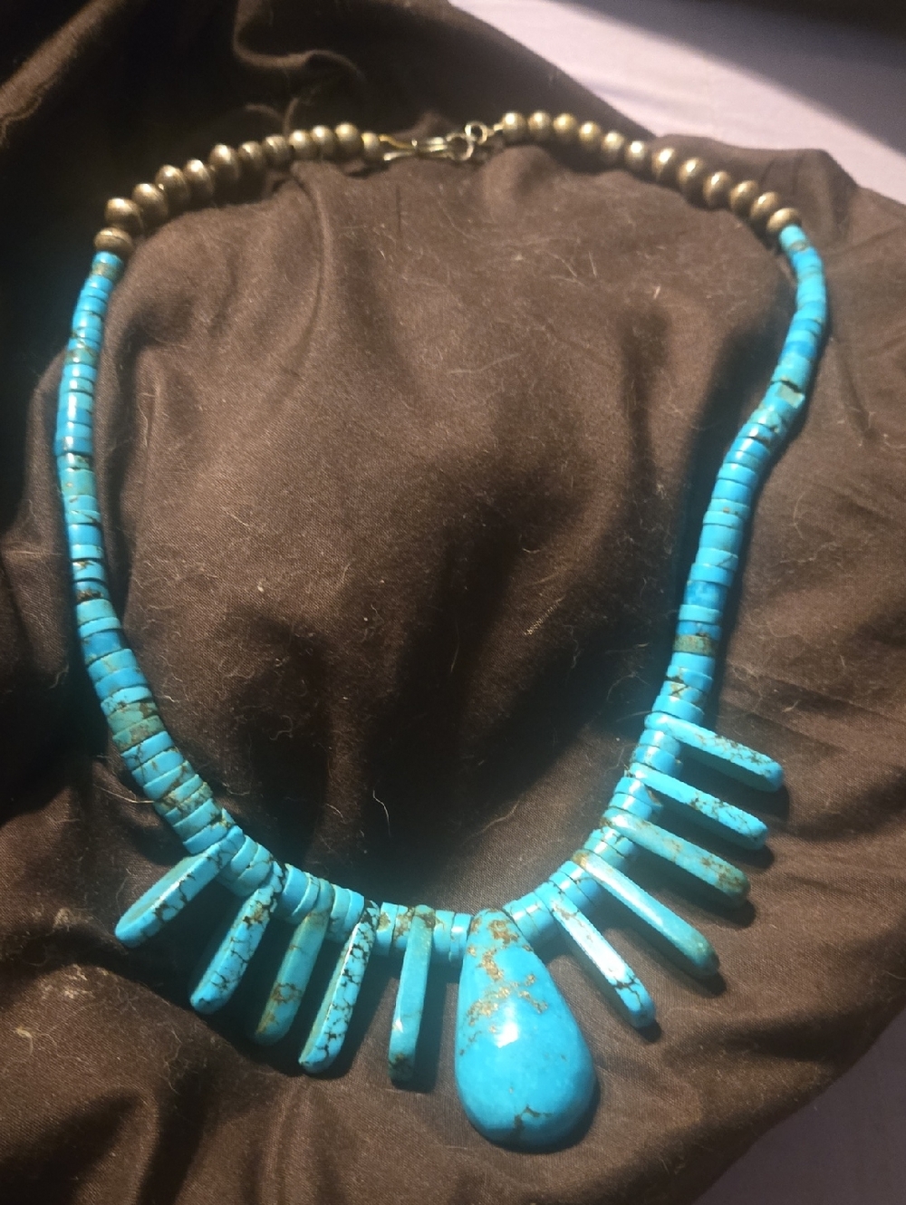 Vintage Navajo Style Turquoise Tab Necklace – Teardrop Pendant, Heishi Beads